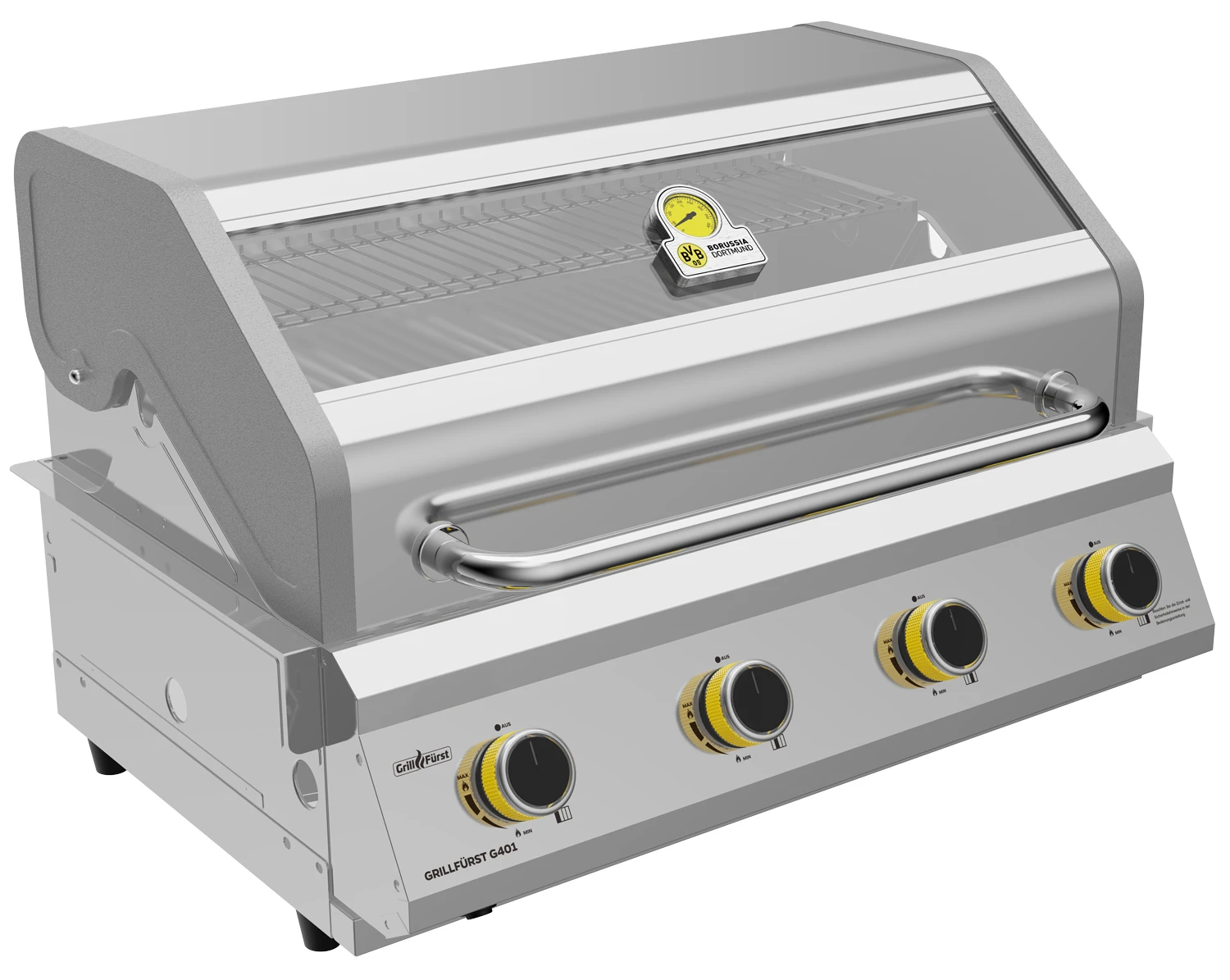 Grillfürst G401G Borussia Dortmund Edition 4-Brenner Edelstahl - Einbaugrill Mit Gusseisen Rosten 4 Grillfürst G401G Borussia Dortmund Edition 4-Brenner Edelstahl - Einbaugrill Mit Gusseisen Rosten – Bild 2